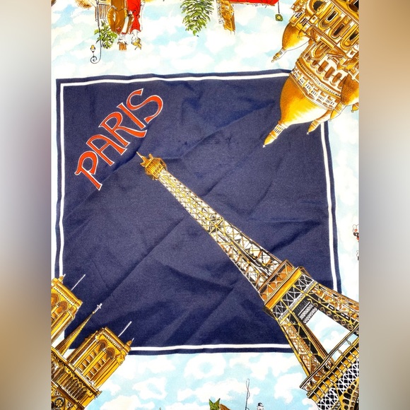 Vintage Paris France Souvenir Scarf Tourist Travel Scarf Blue White Eiffel Tower - Picture 7 of 9